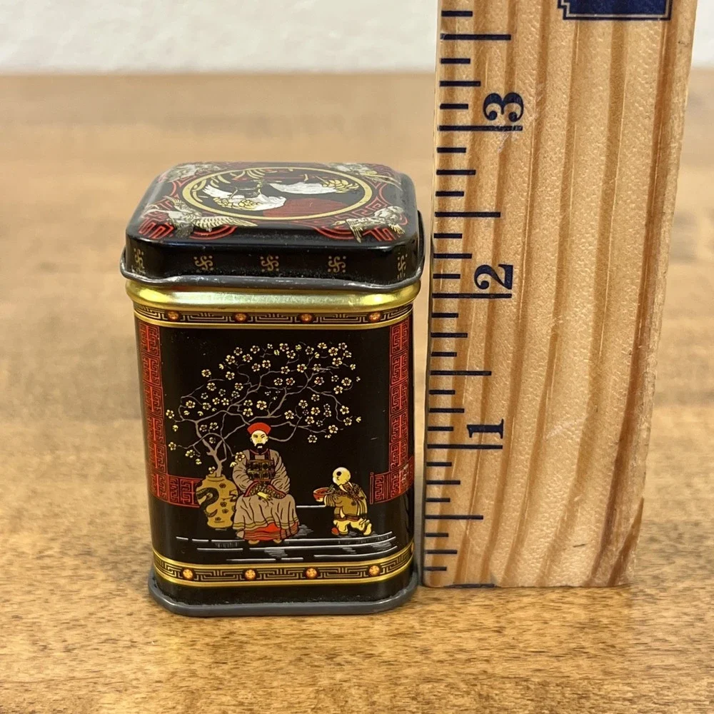 VTG Tin Box Storage Red Black Chinese Tea Herbs Medicine Spices Hong Kong 2.5